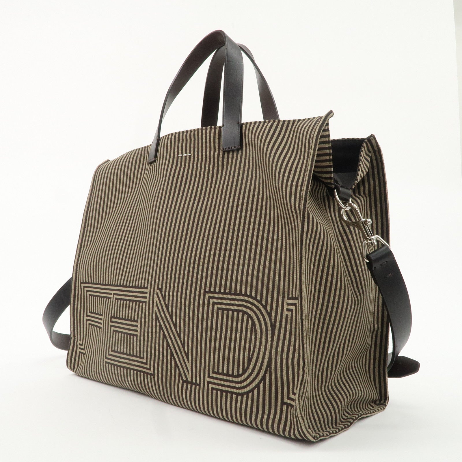 FENDI Pequin Canvas Leather 2Way Tote Borsa a tracolla Marrone