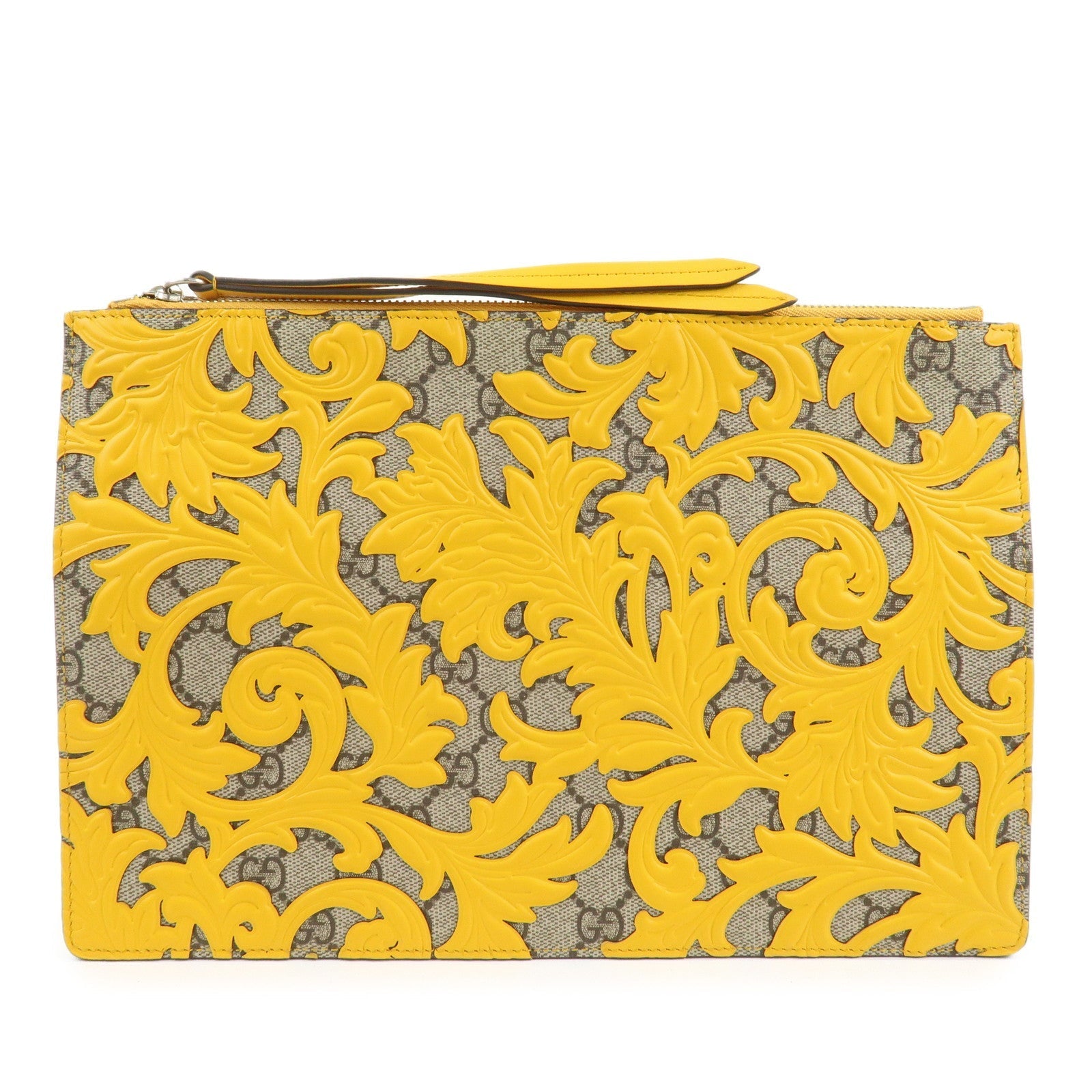 Gucci GG Supreme Arabesque Pochette in pelle Beige Giallo 410810