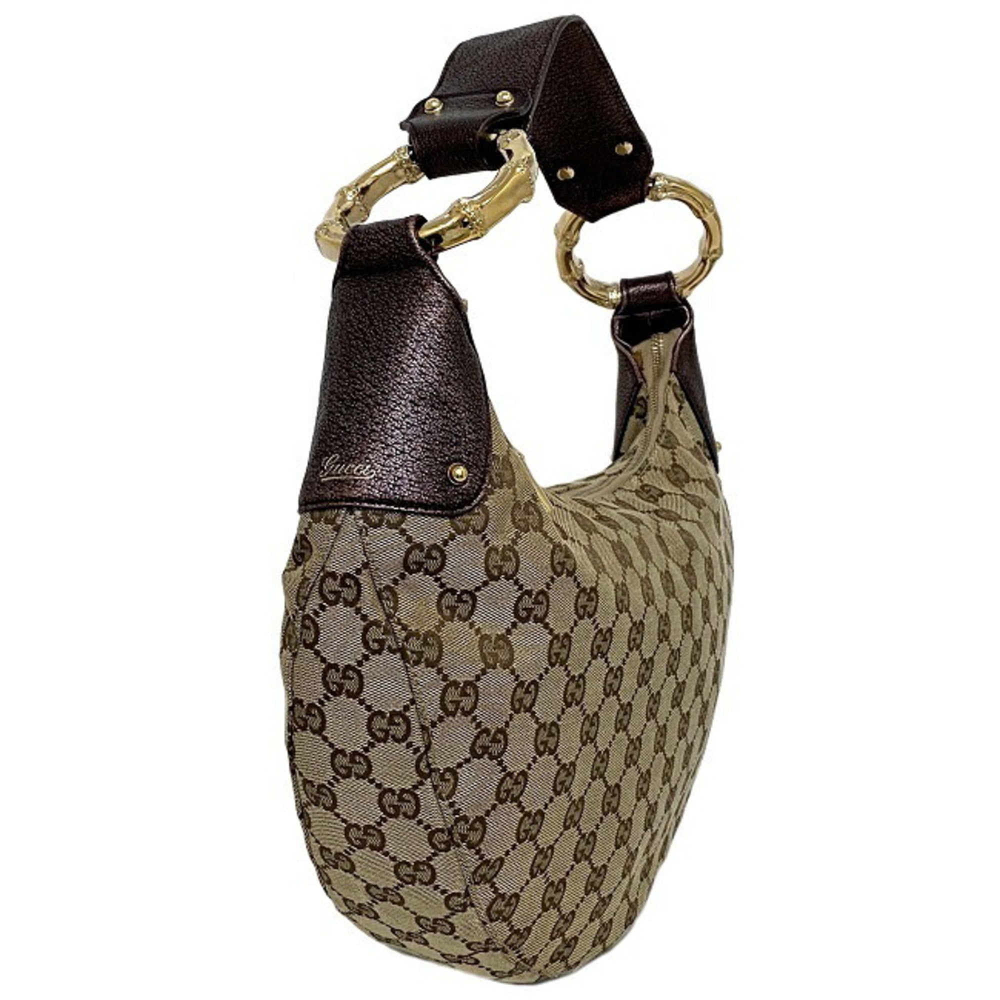 Gucci One Borsa a spalla Beige Viola Oro GG 131038 Bamboo Canvas Pelle GUCCI Borsa Metallic Motif Dark