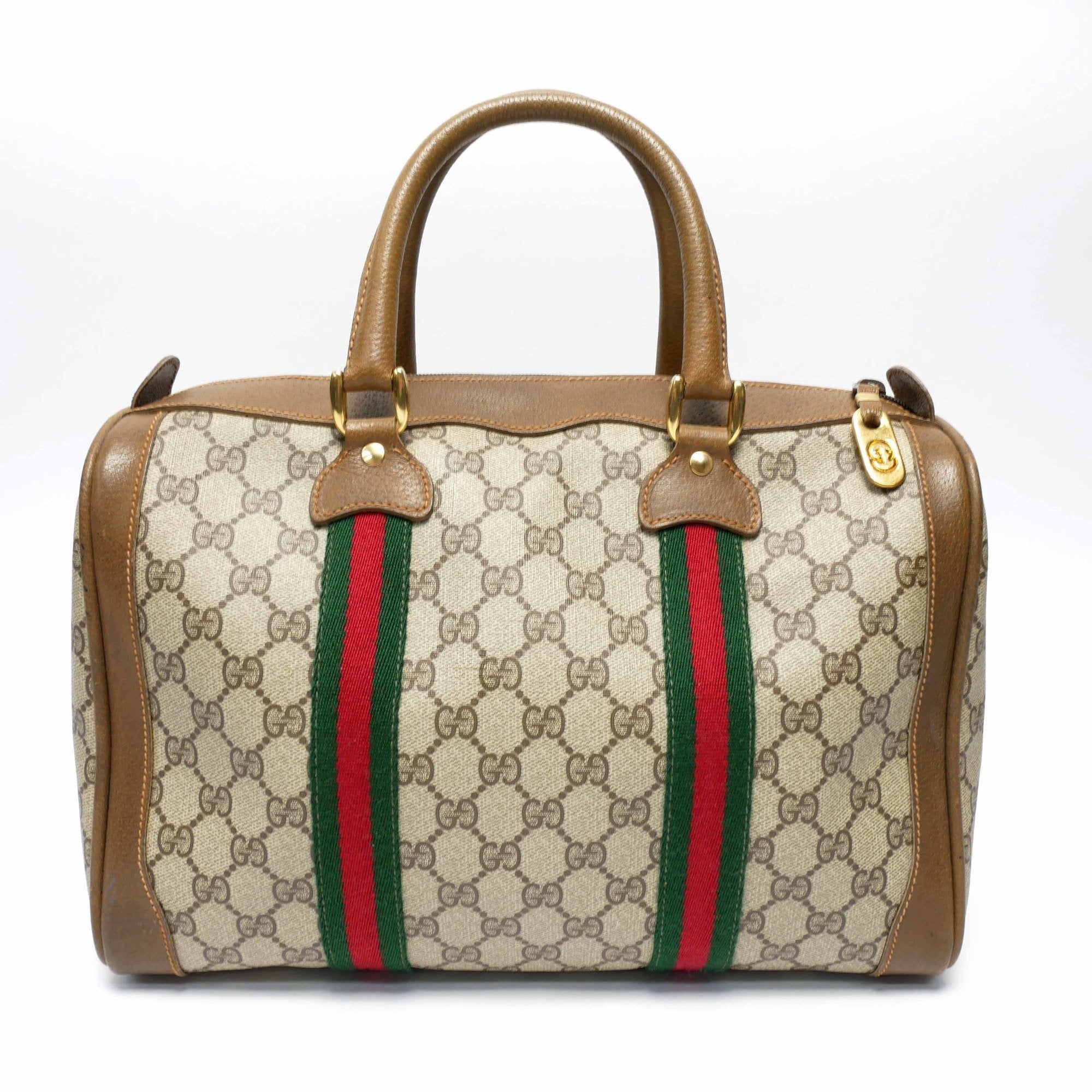 GUCCI Old Gucci Mini Boston Bag Borsa Barrel Unisex ‘s 70’S Sherry Line GG Pattern/Pelle Finiture dorate Marrone/Beige