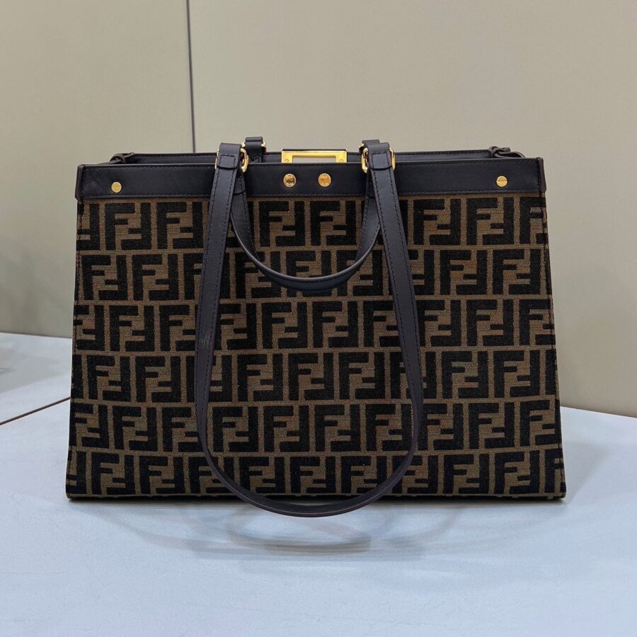 FENDI TOTE 41 BAG IN BROWN MIX BLACK MONOGRAMMA CANVAS GOLD HARDWARE | Studio Nafay