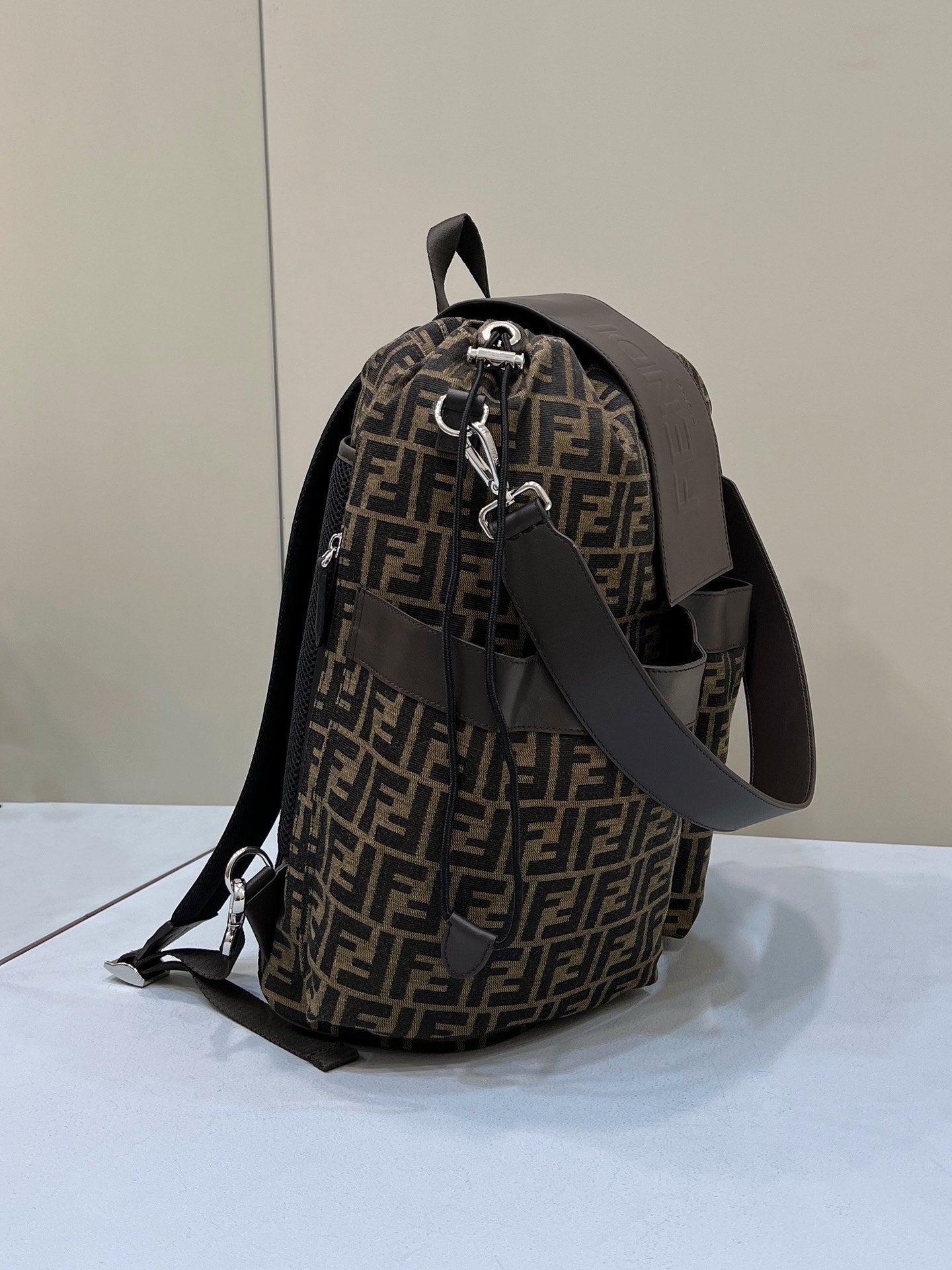 Fendi Strike Grande 46 FF Mocha Marrone Jacquard Fabric Backpack