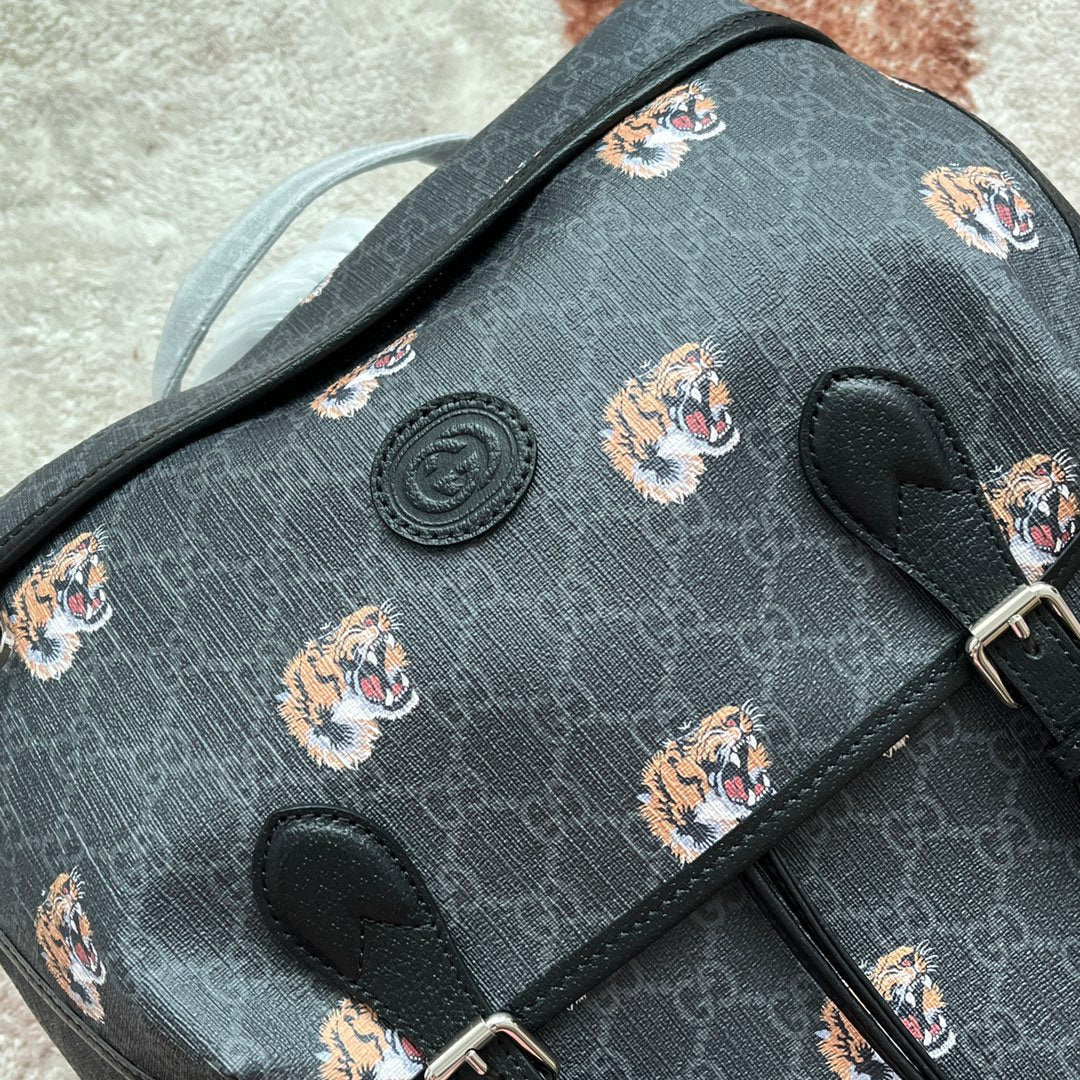 Tiger Print Media Backpack 43 IN Nero Canvas AND Pelle TRIM