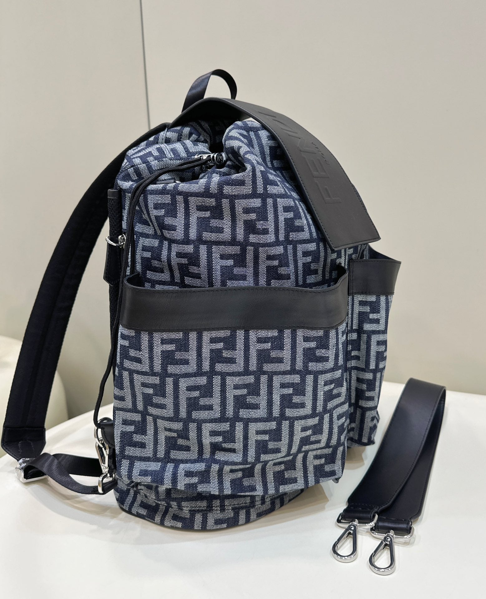 Fendi Strike Grande 46 FF Midnight Blu Jacquard Fabric Backpack