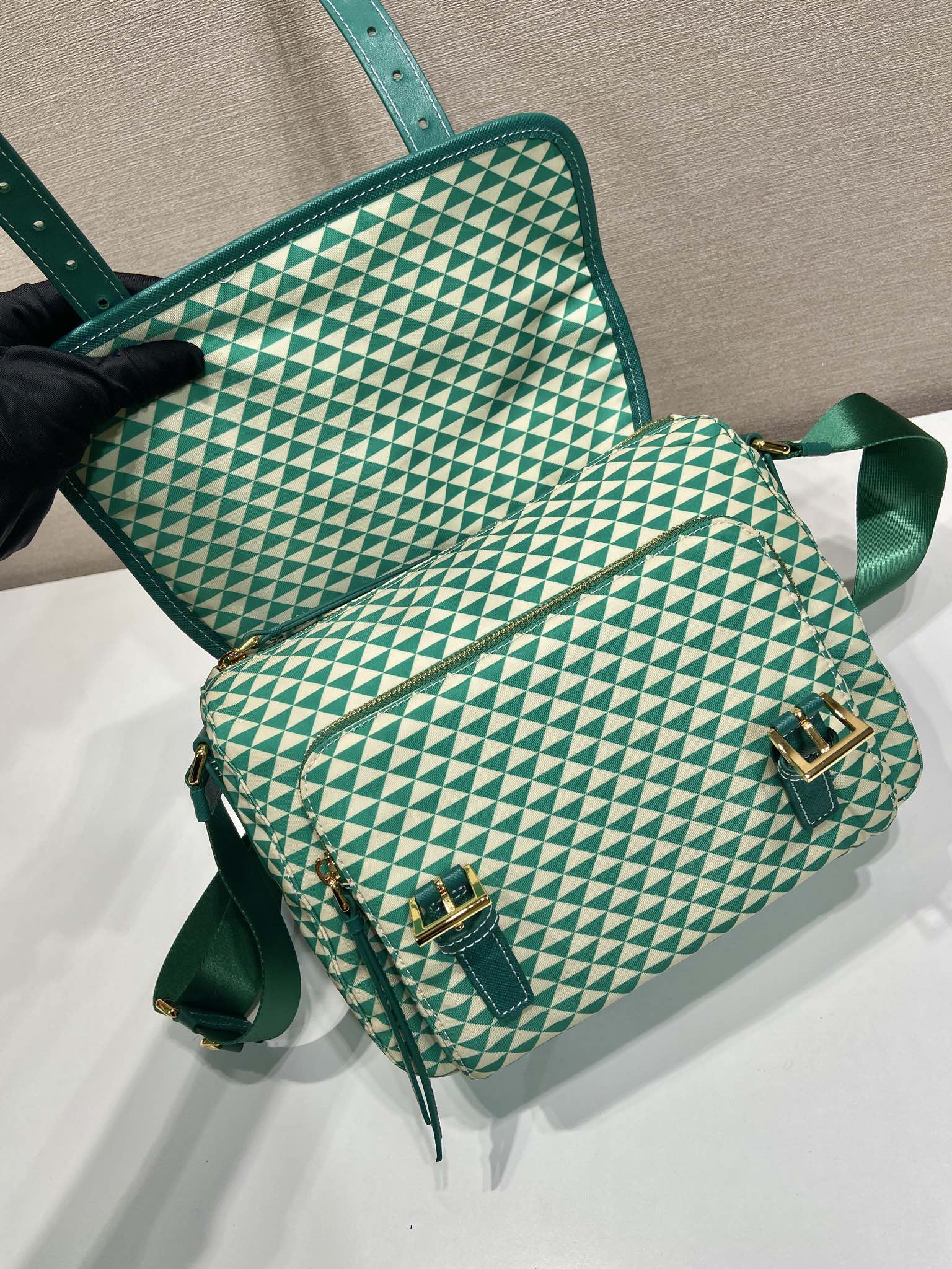Messenger BAG 25 IN Verde foresta MIX Crema Triangolo Motivo Ricam...
