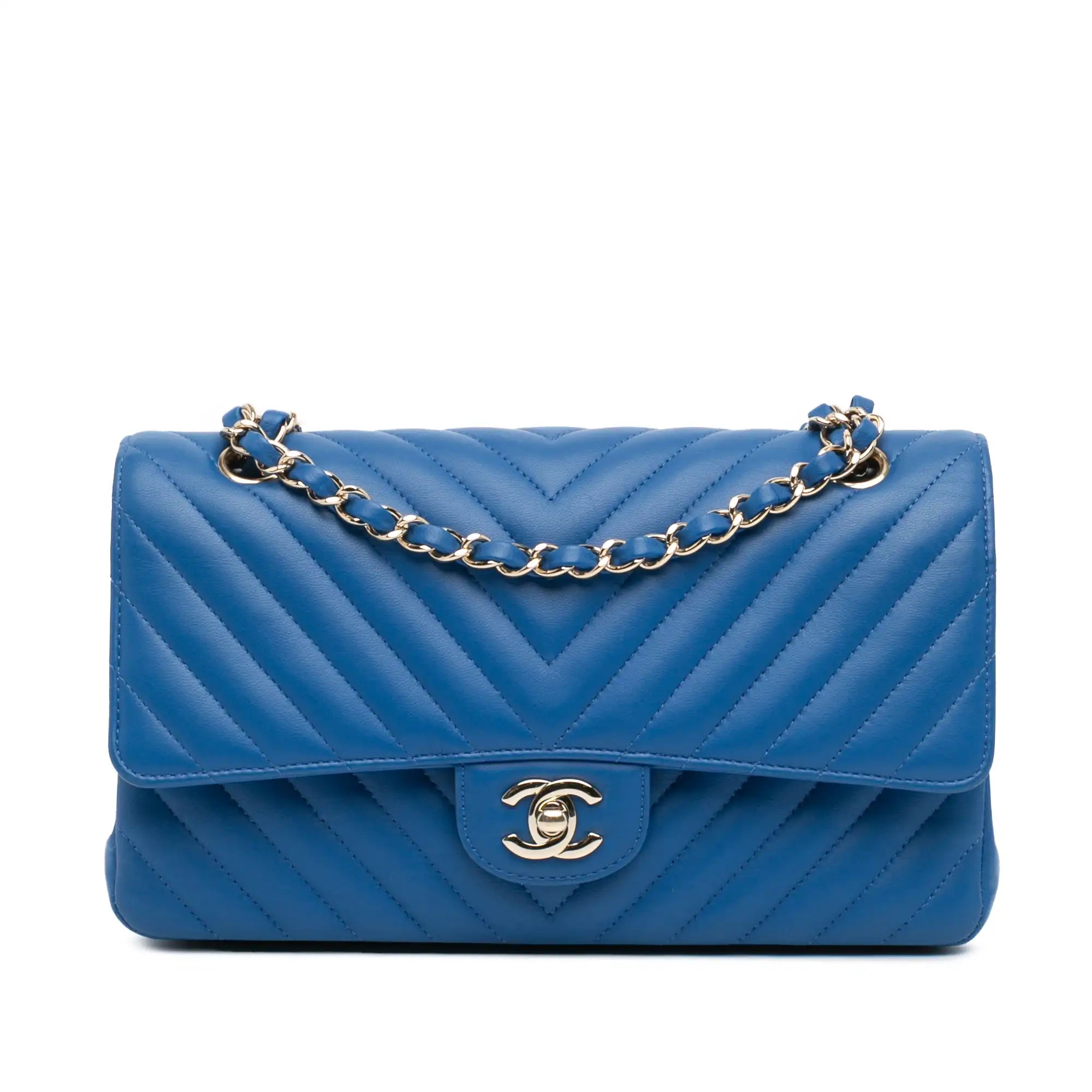Blu Chanel Medium Classic Chevron Agnello Double Patta Borsa a tracolla