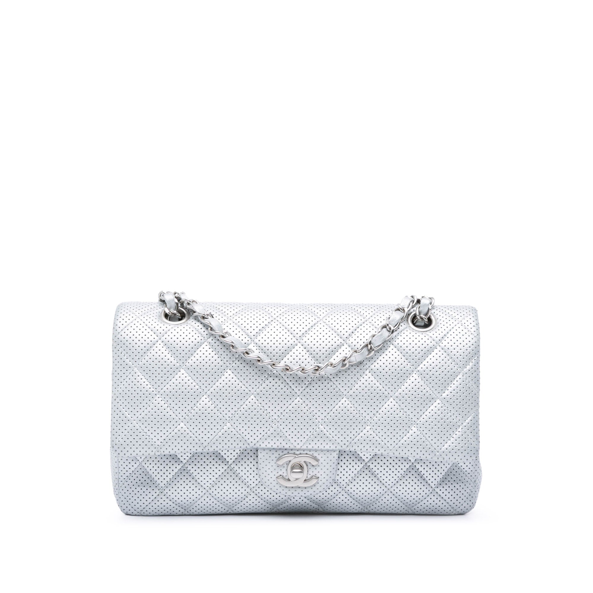 Argento Chanel Media Classic Perforated Lambskin Double Flap Borsa a spalla