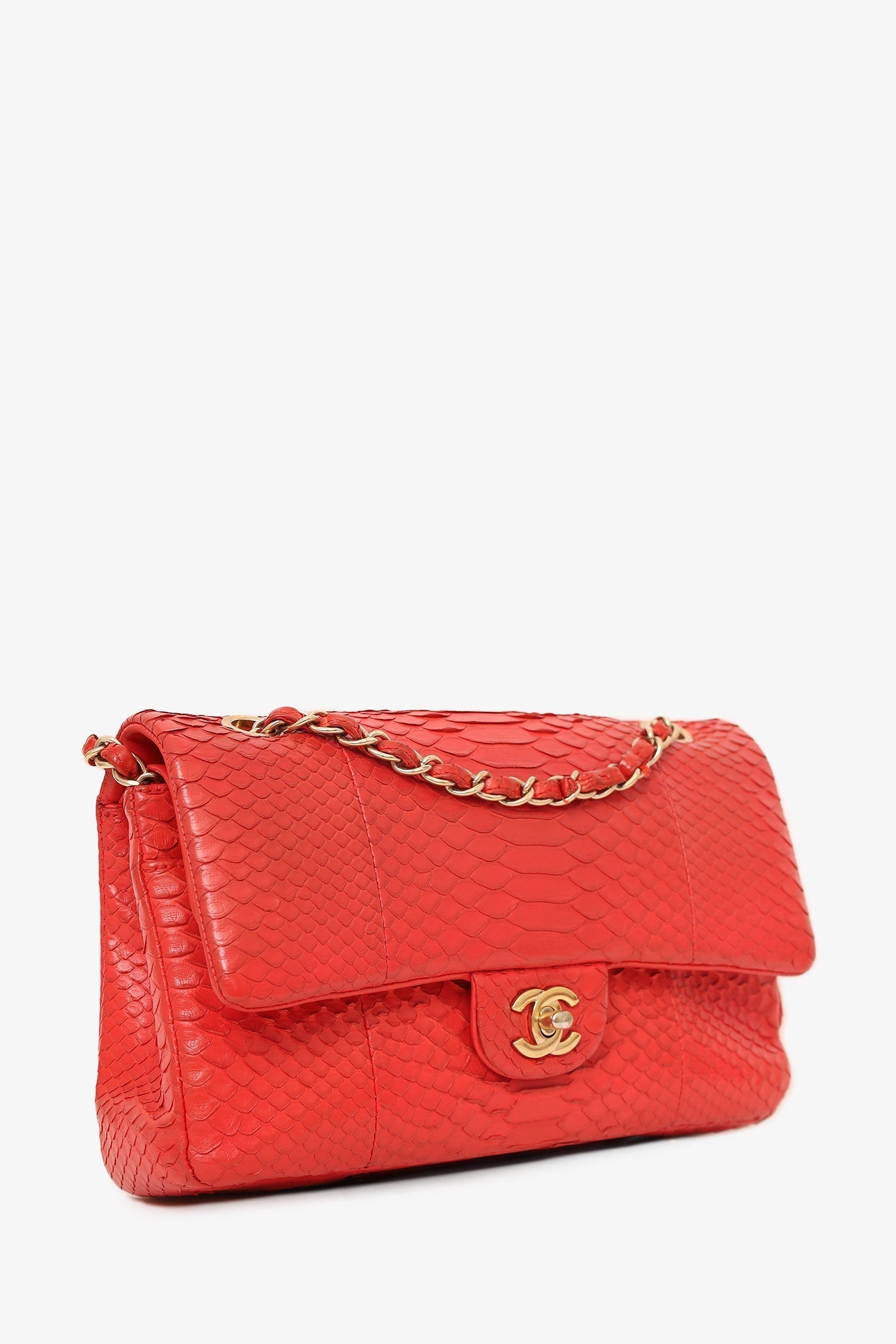 Chanel -17 Red Python Leather Medium Double Flap Borsa