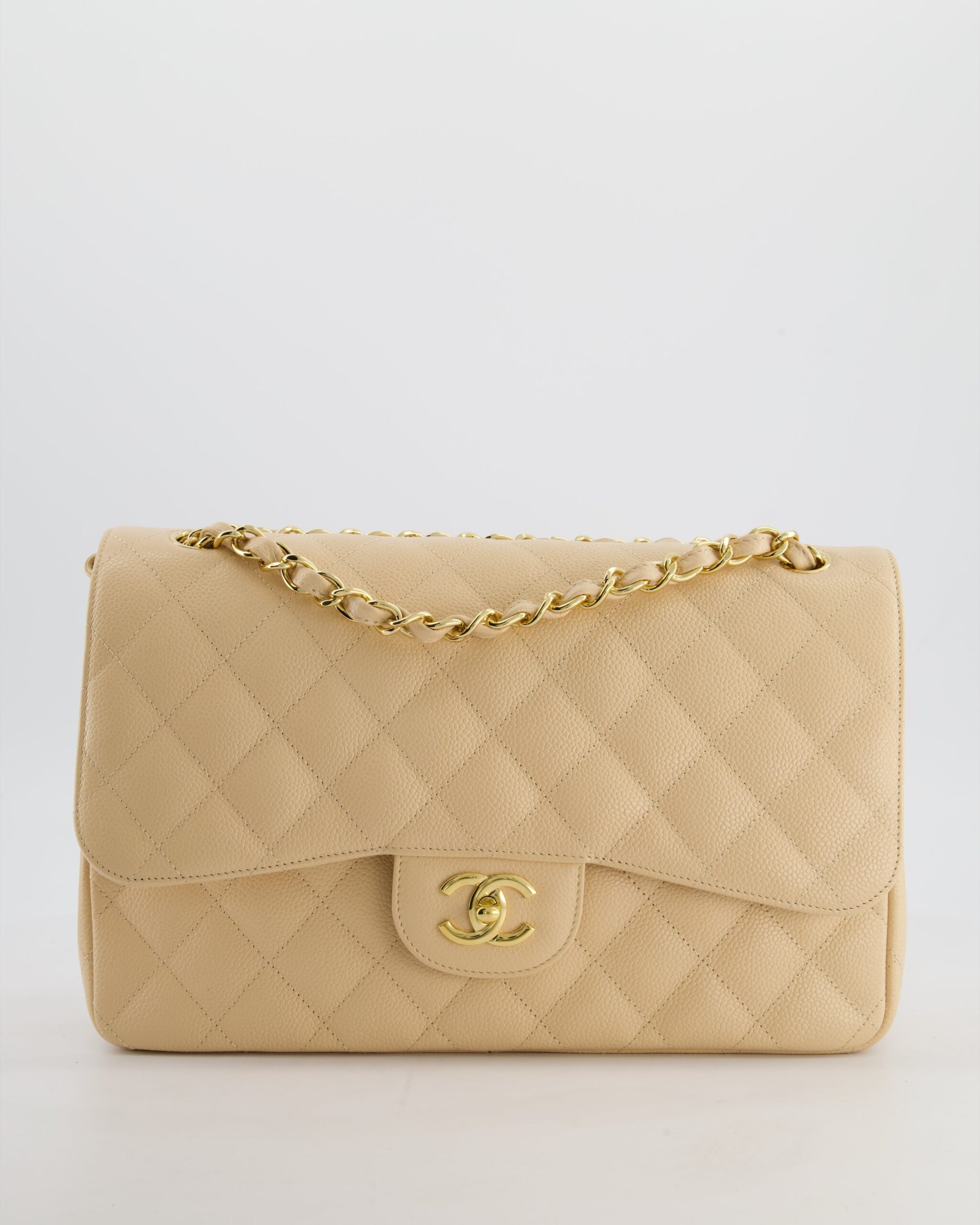 *HOT* Chanel Beige Jumbo Classic Double Borsa con patta in Caviar Pelle con Finiture dorate