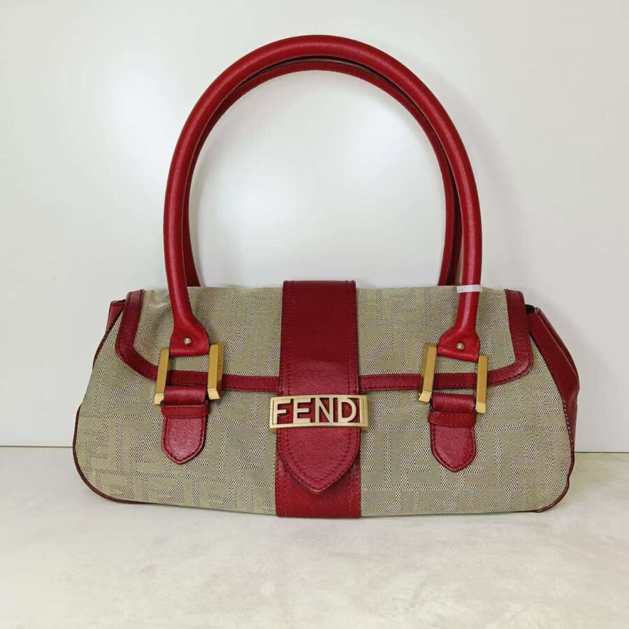 Fendi Tote Bag Beige Red Leather Canvas Handbag | Studio Nafay
